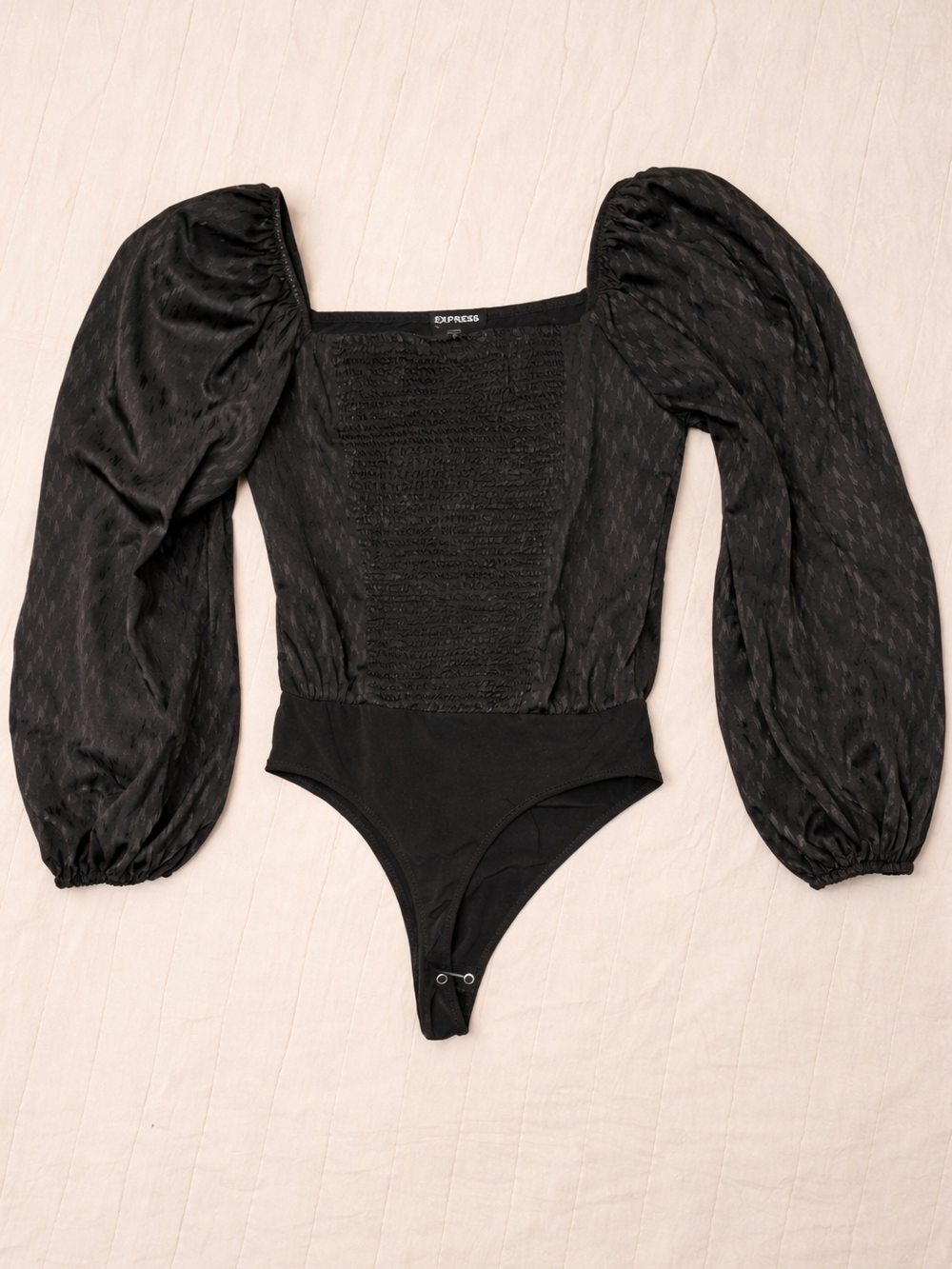 Express Black Puff Sleeve Bodysuit Small Smocked, Square Neck, Small